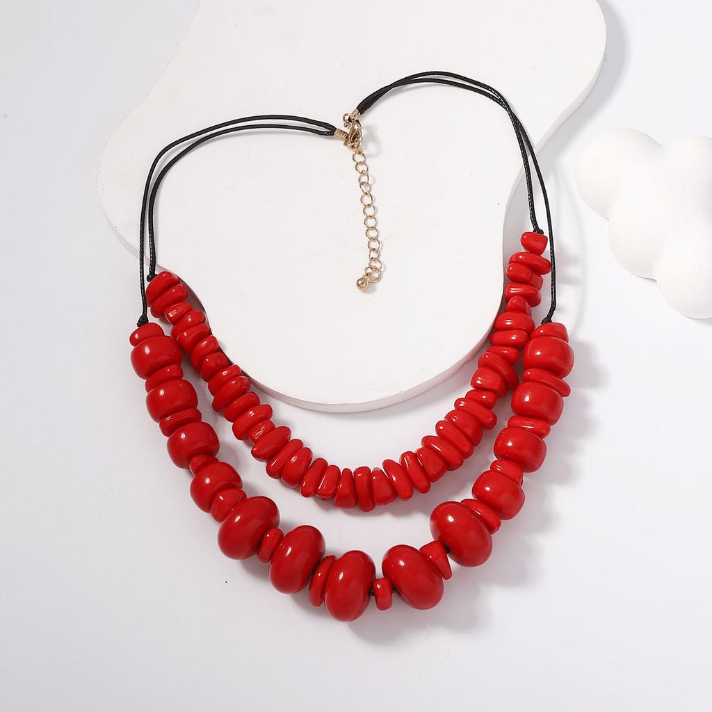 New red resin coral double layer stacked irregular geometric round necklace, retro fashion