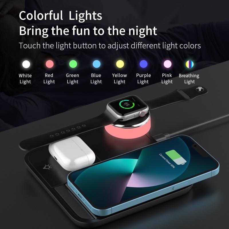 3-in-1 mobile phone universal wireless charging, colorful ambient light 15W fast charging wireless charger