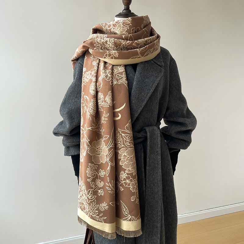 Luxury Floral Print Scarf For Women Warmer Winter Cashmere Pashmina Scarves Shawls Female Thick Blanket Wraps Foulard
