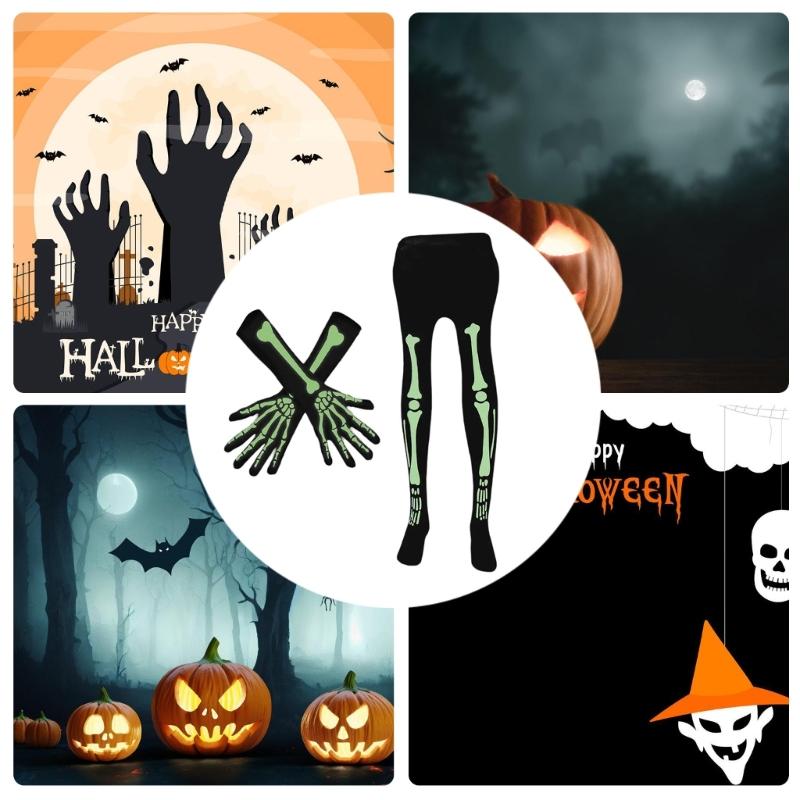 Leuchtende Skelett-Socken Skelett-Handschuhe Leuchten im Dunkeln Strumpfhosen Skelett-Knie Hohe Socken Halloween-Kostümzubehör