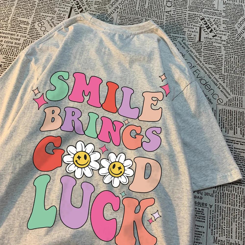 Smile Brings Good Luck Men Women Tshirt Pattern Cotton Tshirts O-Neck Breathable T-Shirt Simplicity Tee Clothes Couple Tops