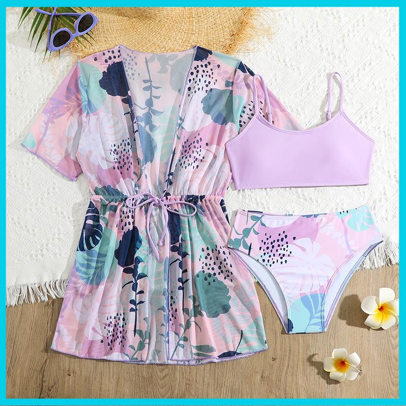 2025 European & American Fashion Girls' Three-Piece Swimsuit Set: Printed Bikini Swimwear