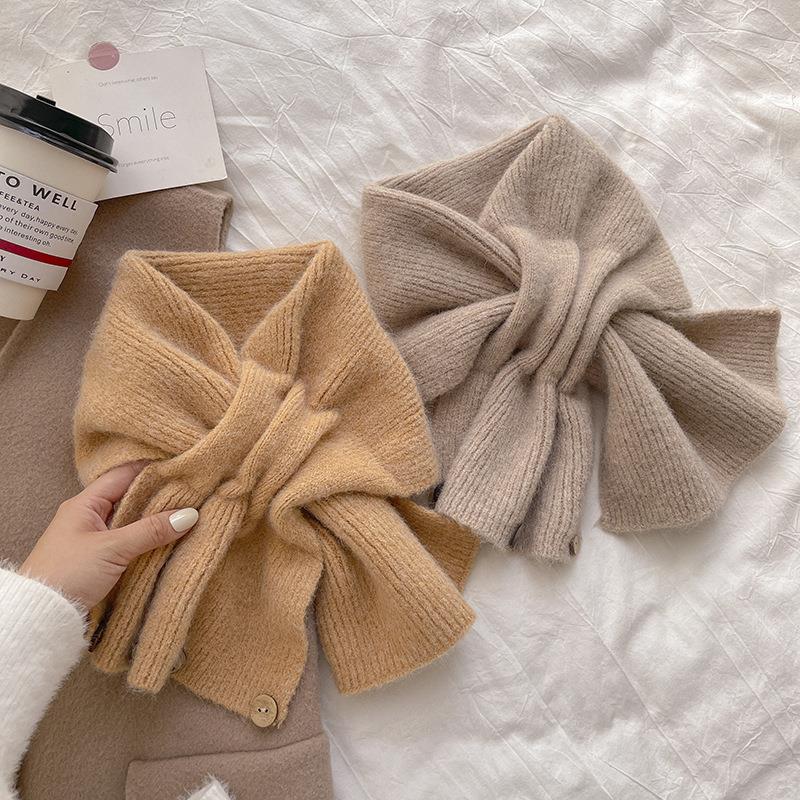 Small Scarf Short Women's Autumn and Winter Cross Knitted Scarf Korean Style Color Matching Scarf Winter Warm Button Neck Gaiter