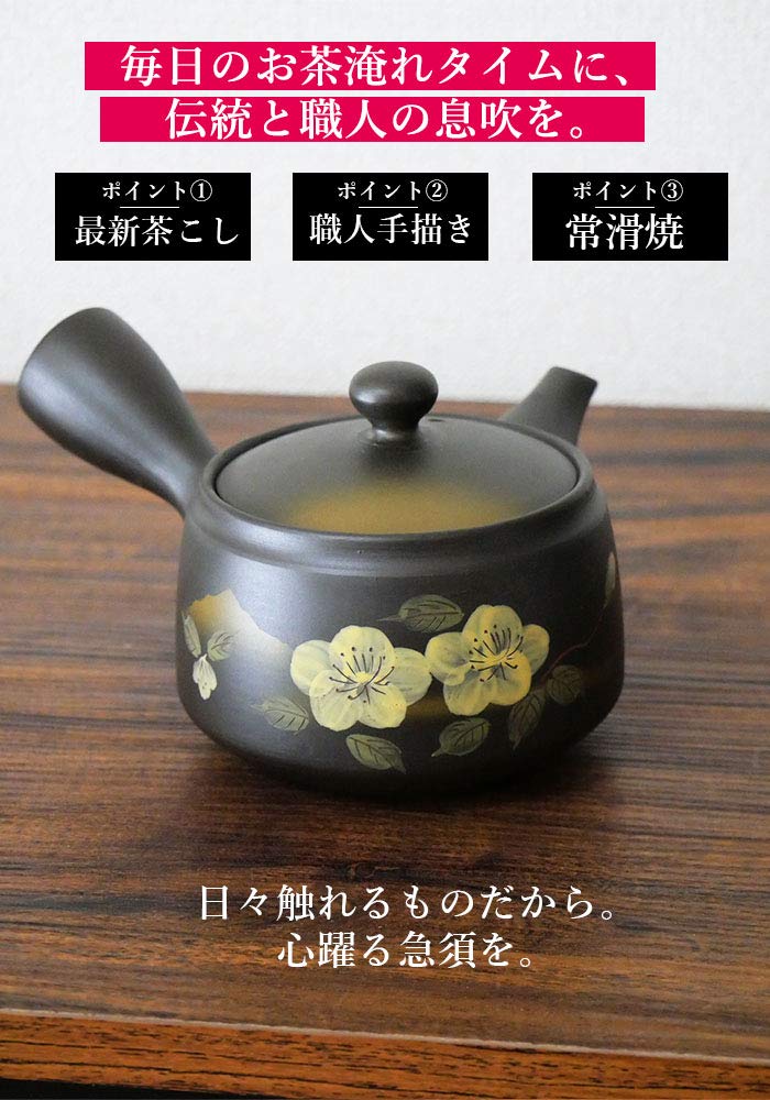 Tokoname-yaki Teapot (300ml) Made In Japan [Easy-to-clean Tea Strainer Included] Hand-painted by an Artisan, Featuring a Cherry Blossom and Mountain