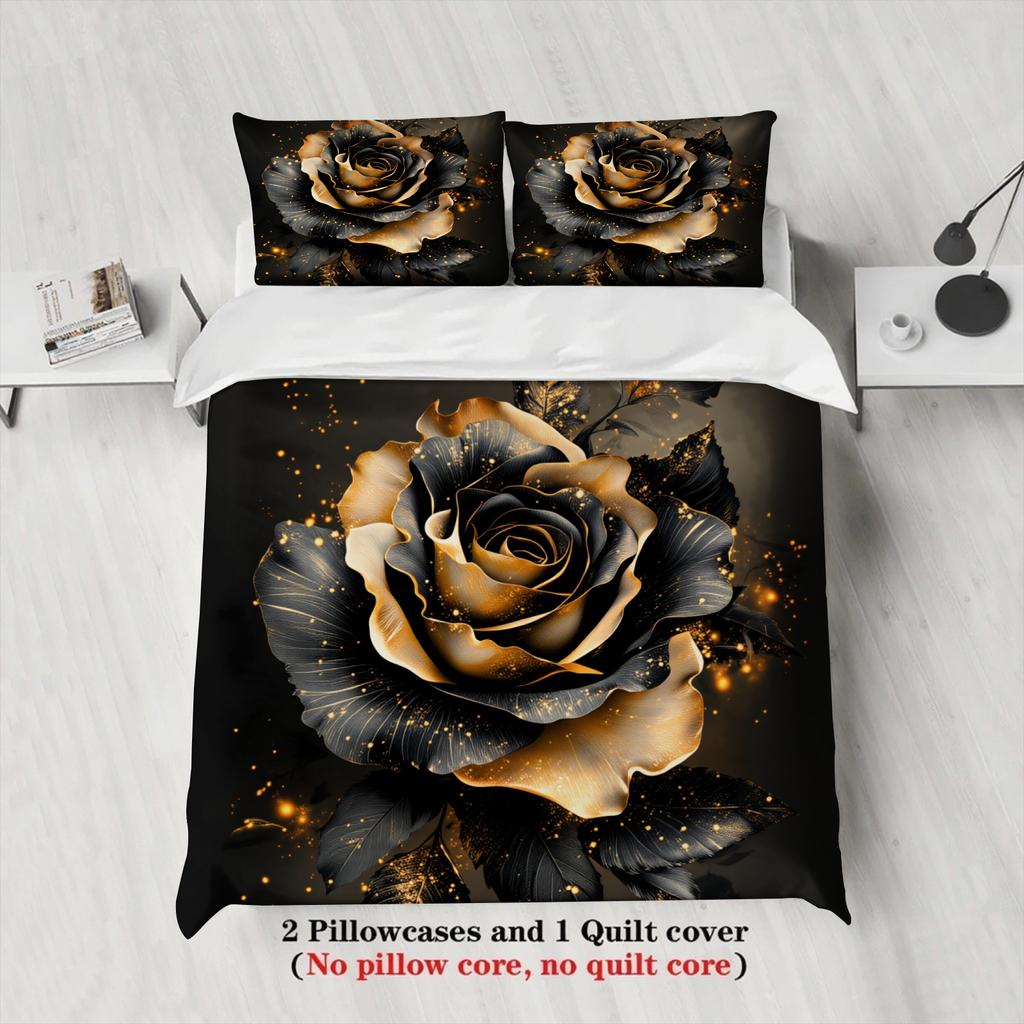 3Pcs Rose Flower Bedding Sets 3D Printed Black And Gold Floral Duvet Cover Sets With Pillowcases No Filling Luxury Full Size