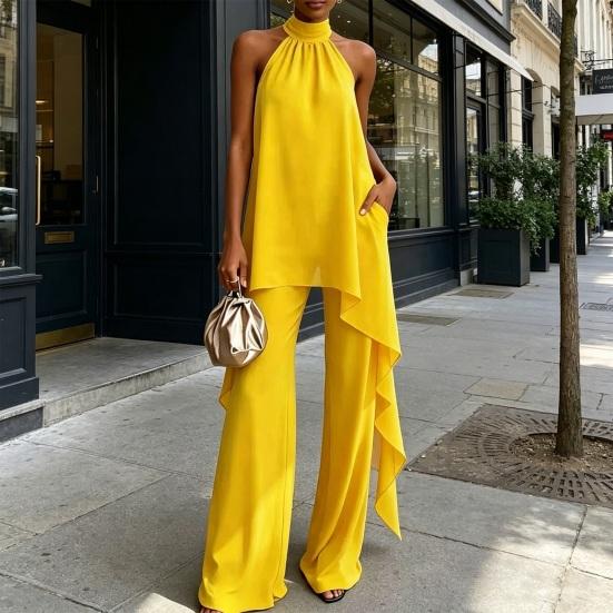 Women's Chiffon 2 Piece Sets, Asymmetrical Halter Sleeveless Tops with Wide Leg Pants Summer Outfits, Casual Vacation Lounge Matching Set