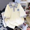 Niche summer American fashion shoulder sleeve polo collar short sleeve T-shirt men and women couples plaid ins top