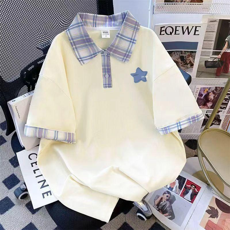 Niche summer American fashion shoulder sleeve polo collar short sleeve T-shirt men and women couples plaid ins top