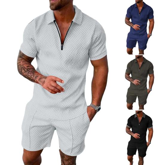 2 Pcs/Set Men Shirt Shorts Set Zip Neckline Lapel Solid Color Short Sleeves