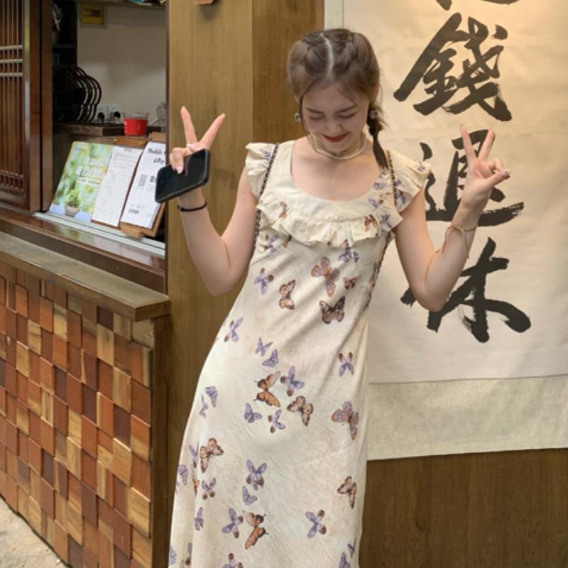 Summer 2025 Fashion Print Bufferfly Casual Long Dress Women Fashion Chic Ruffled Square Collar Dress Korean Elegant Bodycon Robe
