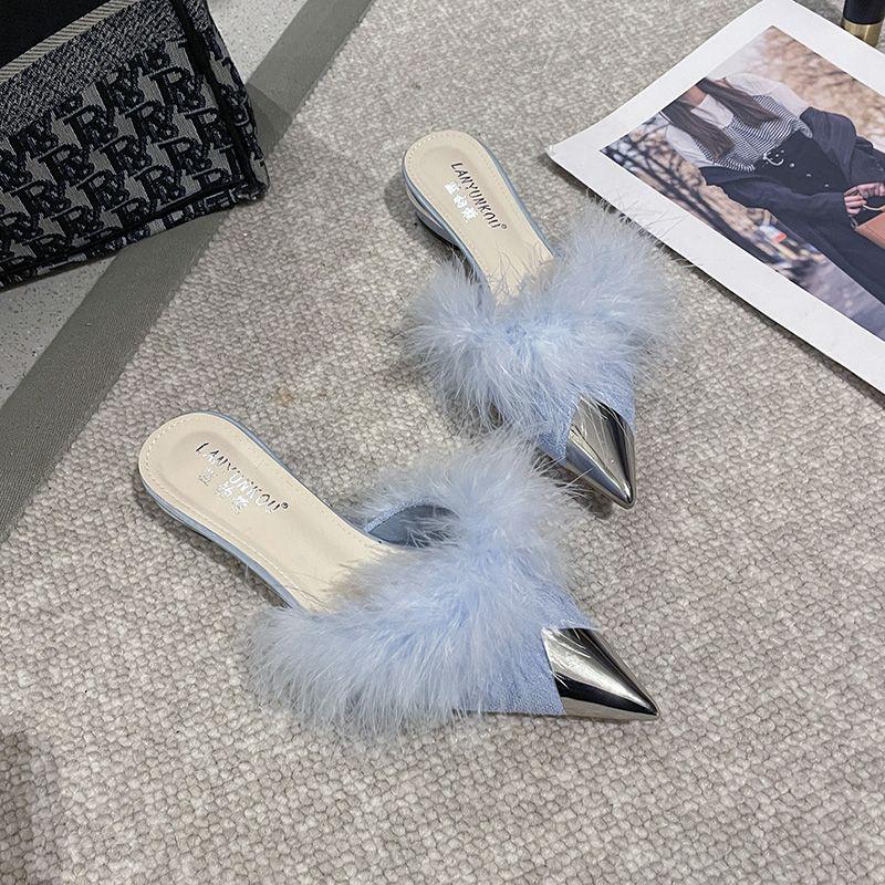 

2025 Пушистые черные мюли с острым носком и низким толстым каблуком 40 синий