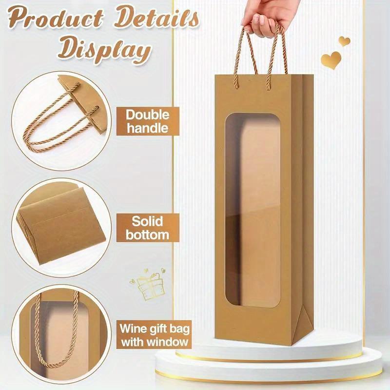 24Pcs Kraft Paper Wine Bottle Bags with Handles and Clear Window Plain Wine Gift Wrap Sets for Parties and Retail