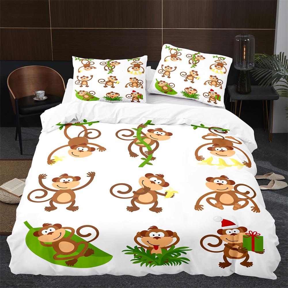 Monkey Duvet Cover King Queen Lovely Cartoon Animal Bedding Set For Kids Boy Girl Green Jungle Tree 2/3pcs Polyester Quilt Cover