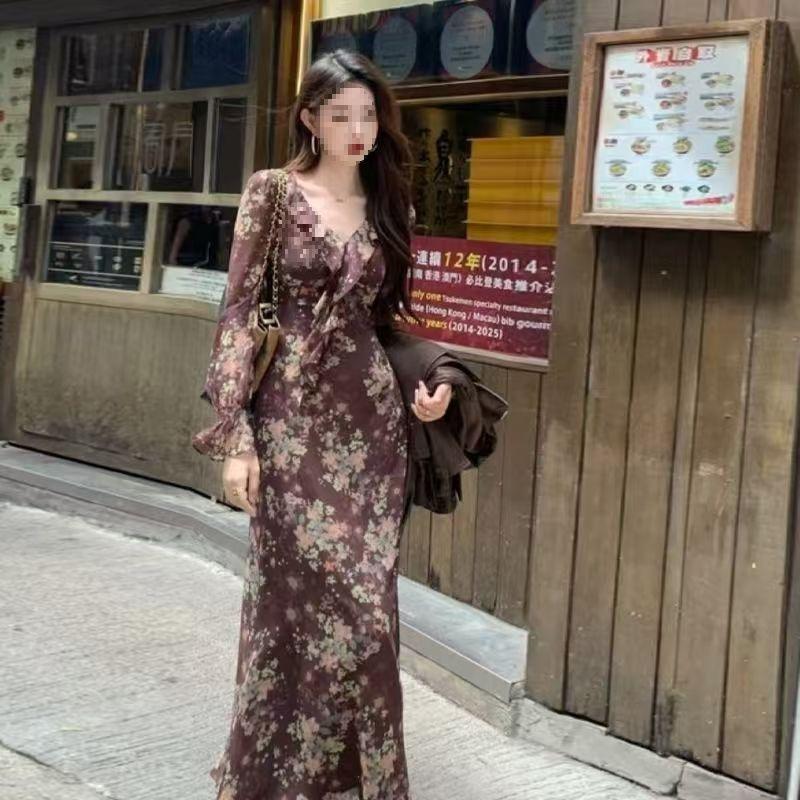 [Twilight Rose] Floral Dress Women's Autumn and Winter Port Style Retro Lotus Leaf Temperament Skinny Long Dress