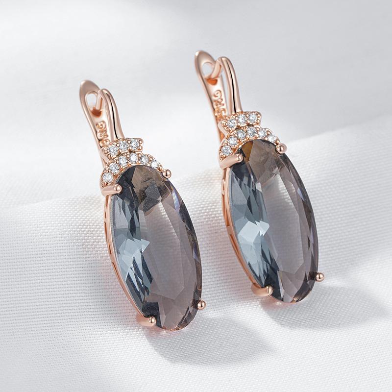 Boucles d'oreilles pendantes ovales grises pour femmes Couleur or rose Avec zircon naturel Haute qualité Bijoux fins quotidiens