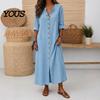 Retro Style Dress Women's Summer Button Down Long Dress, Casual Loose V Solid Color Neck Tunic Roll Up Sleeve Vacation Lounge Outfits Women