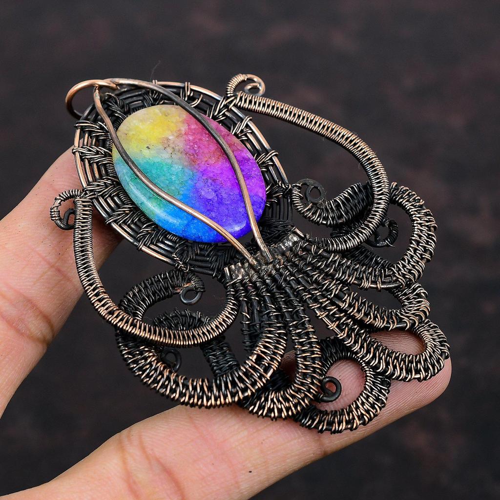 Rainbow Solar Quartz Druzy Pendant Copper Wire Wrapped Pendant Handmade Copper Jewelry Amazing Octopus Pendant Gemstone Jewelry Gift For Mom