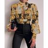 Elegante Blusa da Donna Casual Stampa Barocca Manica a Lanterna Arricciata Top Senza Schiena Manica Lunga Camicie da Festa Femme Abbigliamento da Lavoro