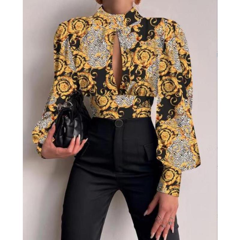 Elegante Blusa da Donna Casual Stampa Barocca Manica a Lanterna Arricciata Top Senza Schiena Manica Lunga Camicie da Festa Femme Abbigliamento da Lavoro