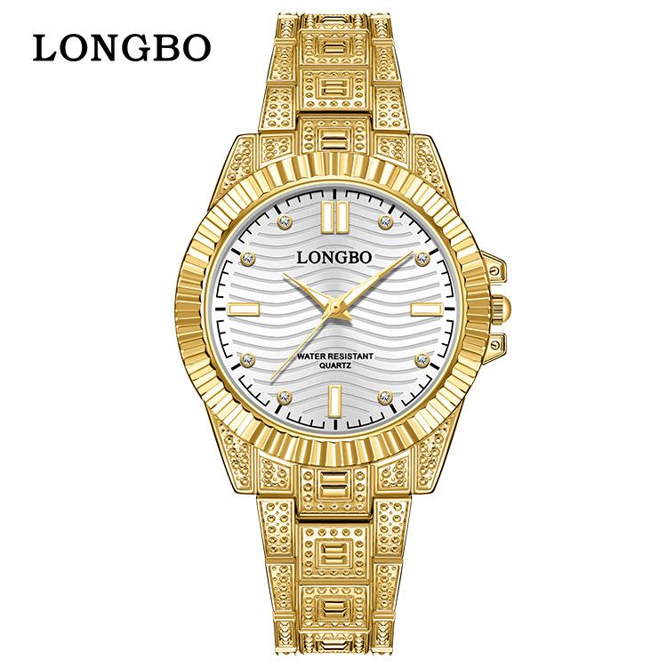 LONGBO 83611 Quartz Watches Waterproof Luminous Stainless Steel Calendar Full Diamond Gold Design Luxury Wristwatch for Couple