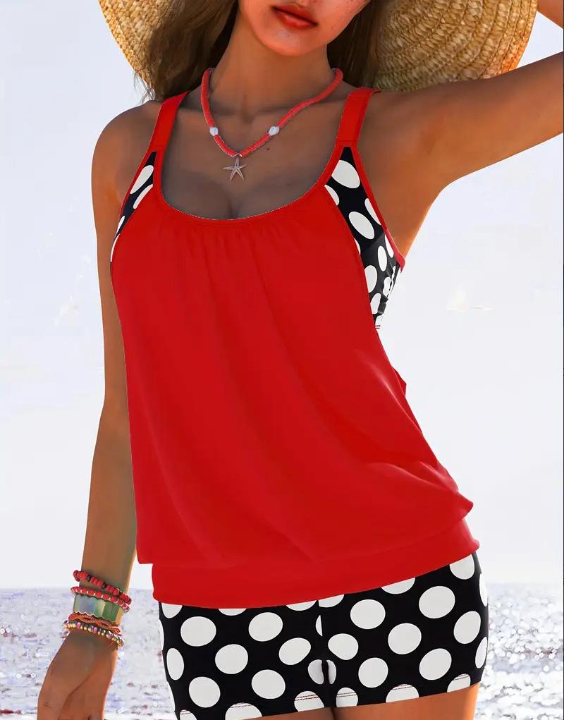 New sexy suspender women s multi-color polka dot large size tankini suit split fashion swimsuit S красный
