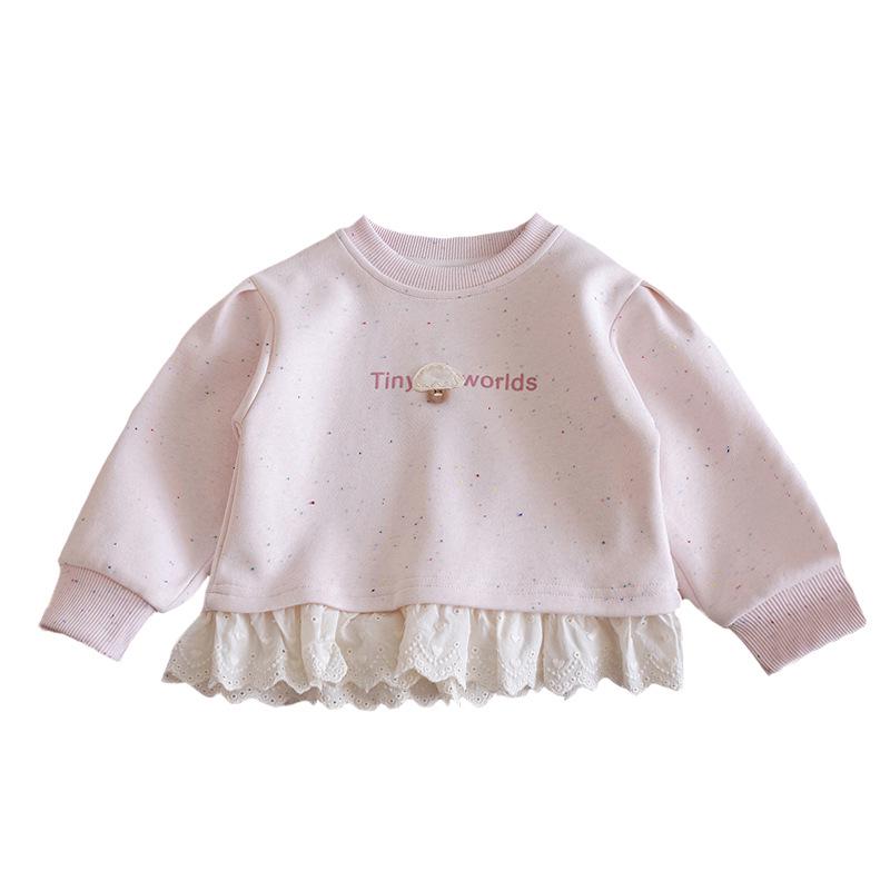 Children's Princess Style Lace Hem Sweatshirt - Spring/Autumn 2025, Solid Color, Round Neck Top