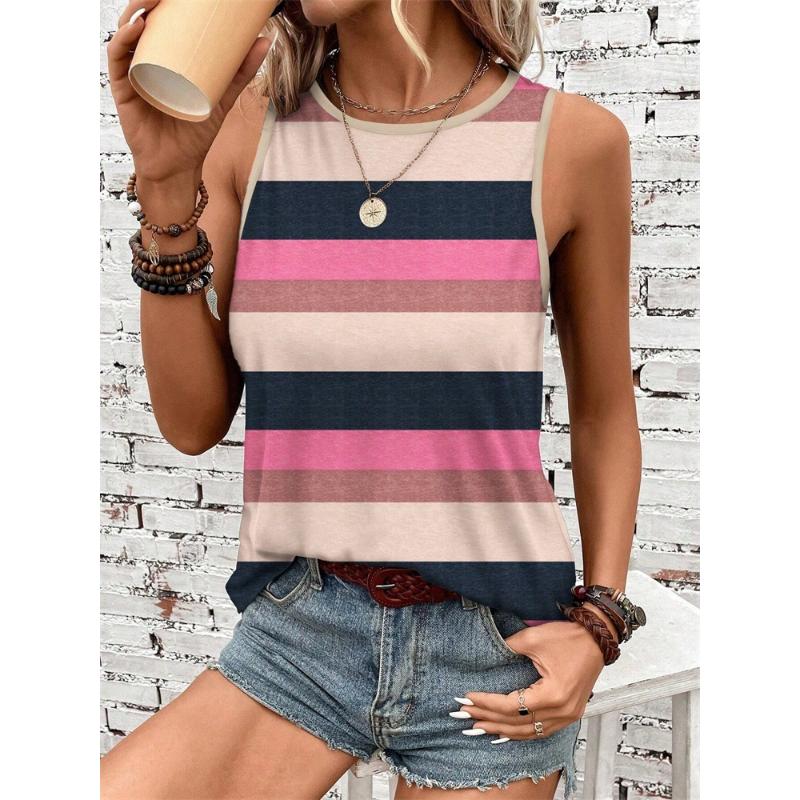 Summer Simple Striped 3D Print Tank Tops Women Fashion Streetwear Oversized O-Neck Vest Off Shoulder Sleeveless Woman Camisole