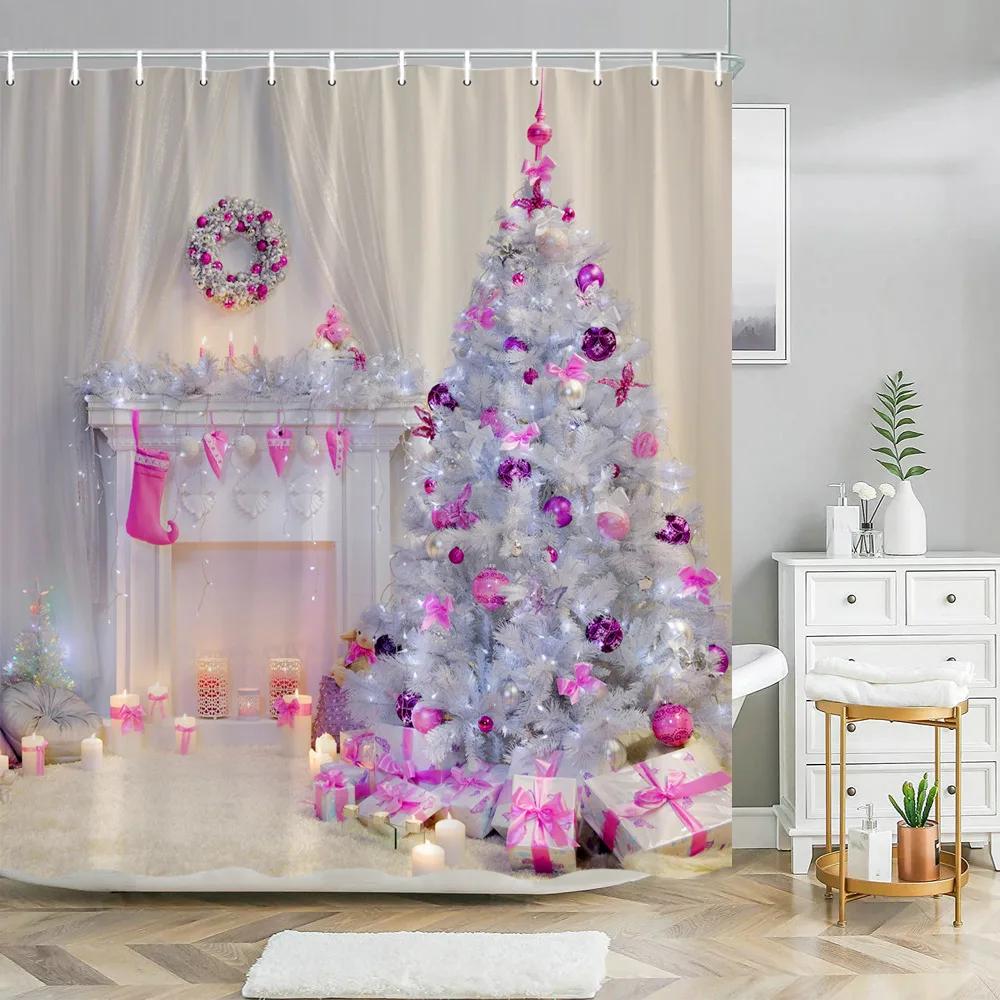 Red Christmas Shower Curtain Xmas Tree Print Bath Home Decor Winter Holiday New Year Bathroom Curtains Hooks Made Of Polyester Washable Washroom Ready