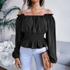 Mode Elegant Schulterfrei Saum Rüschenkante Bluse Damen Slim Fit Plissiert Einfarbig Hemd Langarm Lässig Einfach Kurzes Oberteil Sexy Damenbekleidung