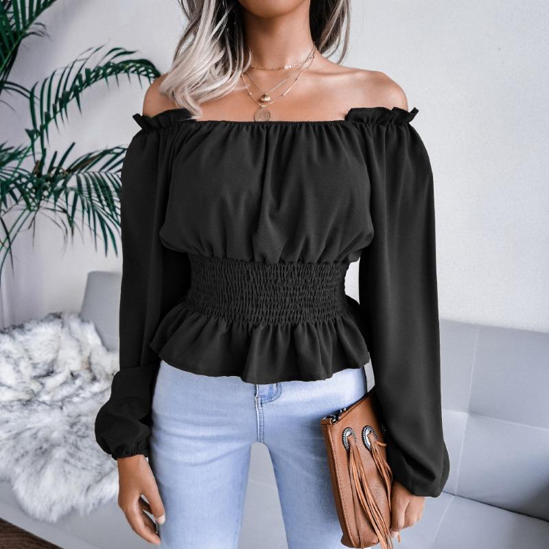 Fashion Elegant Off-shoulder Hem Ruffle Edge Blouse Women Slim Fit Pleated Solid Color Shirt Long Sleeve Casual Simple Short Top Sexy Women's Clothing