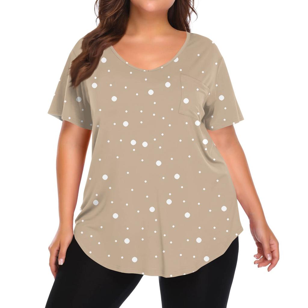 Women's Printing Large Size V-neck Top Loose Pocket T-shirt