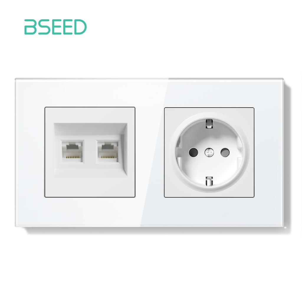 BSEED Dual Internet Sockets Single CAT6 Wall Socket EU Power Sockets Plus Network Data Computer Connecter Outlets Glass Panel