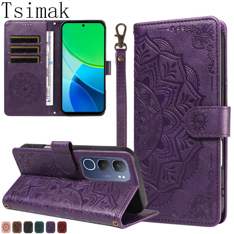 Custodia in Pelle per Telefono Per Vivo Y17S Y19S Y16 Y18 Y18S Y18e Y18i Y18t Y02S Y03 Y04 Y05 4G Cover Portafoglio Flip Porta Carte Fiore Coque