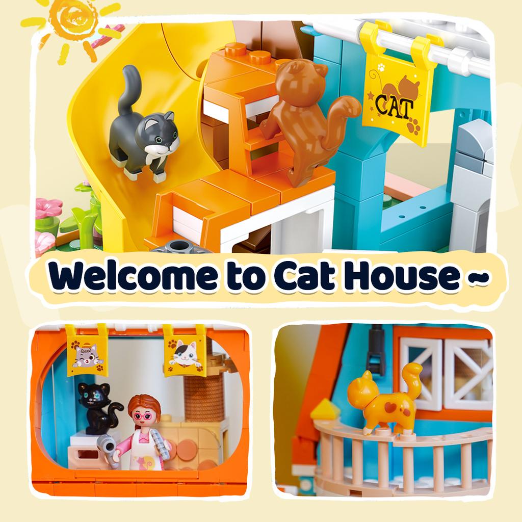 Non-Toxic 521Pcs Cute Cat Home Building Blocks Slide Cherry Tree Building Model Bricks Set With Figures Kids Educational Toys Holiday Gift