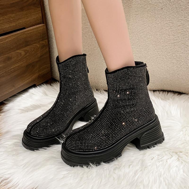 Bottines à plateforme en cristal pour femmes Chaussures à talons hauts de luxe Femme Marque Créateur Tendance Hiver 2025 Confortable Épais Fermeture éclair Botas Mujer