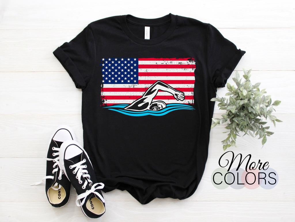 Cool Swimming American Flag USA Swimmer Swim Instructor T-Shirt, Funny US Swim Fans Teacher Training Athletes Gift Birthday Christmas Shirts
