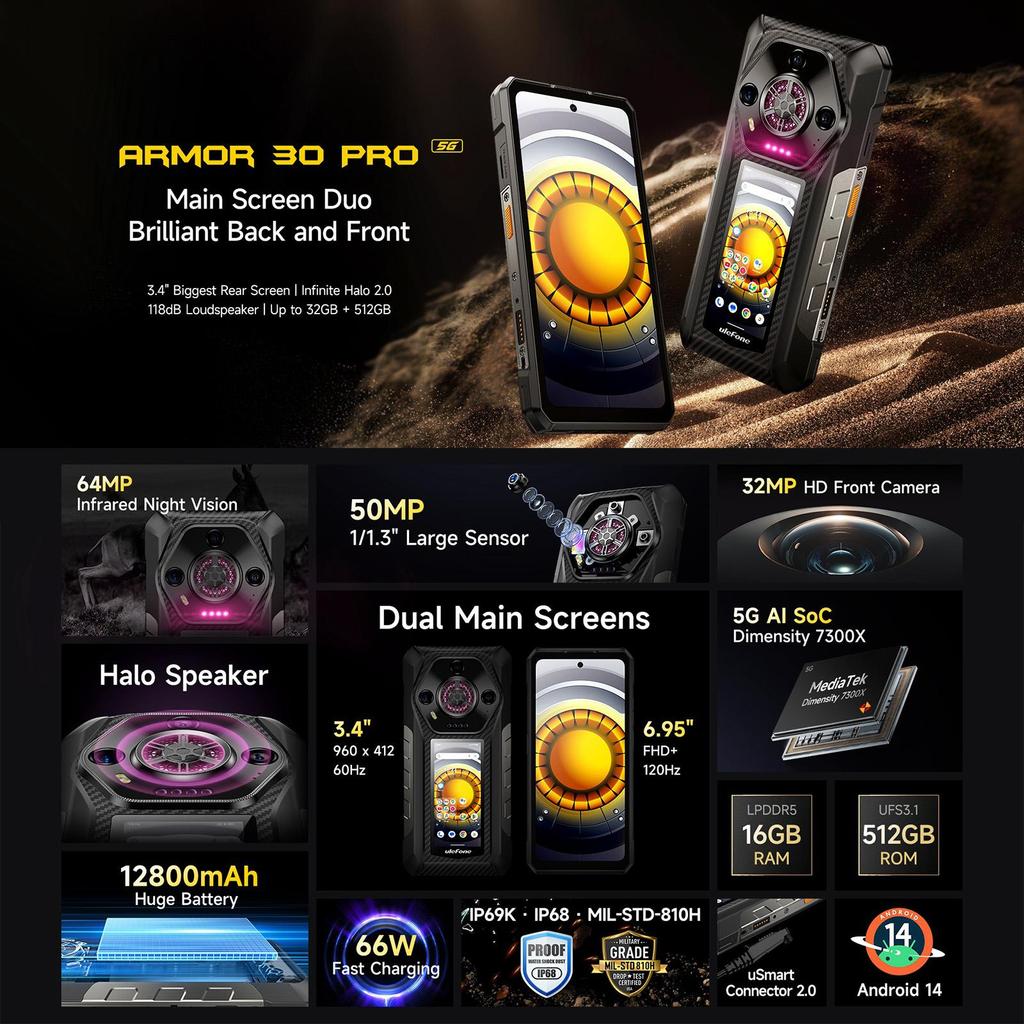 Ulefone Armor 30 Pro Rugged Phone 5G 6.9" 120Hz 16GB+512GB 12800mAh Battery 64MP Night Vision Camera Smartphone Android 14 NFC