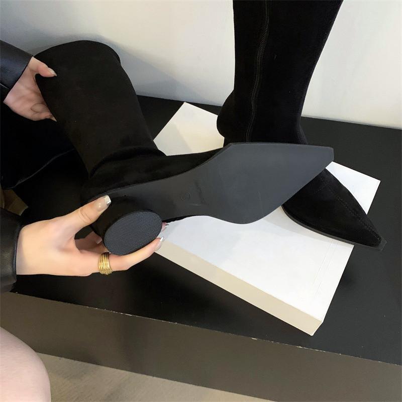 Fashion Pointed Toe Chunky Low Heel Boots Women Winter 2024 Sexy Cozy Soft Leather Knee-high Zipper Design High Boots for Women