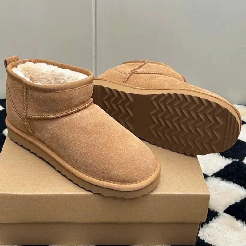 Classic Winter Women Ultra Mini Snow Boots Genuine Cowhide Leather Fur Slippers 2027 New Design Men Short Boot Flat Cotton Shoes