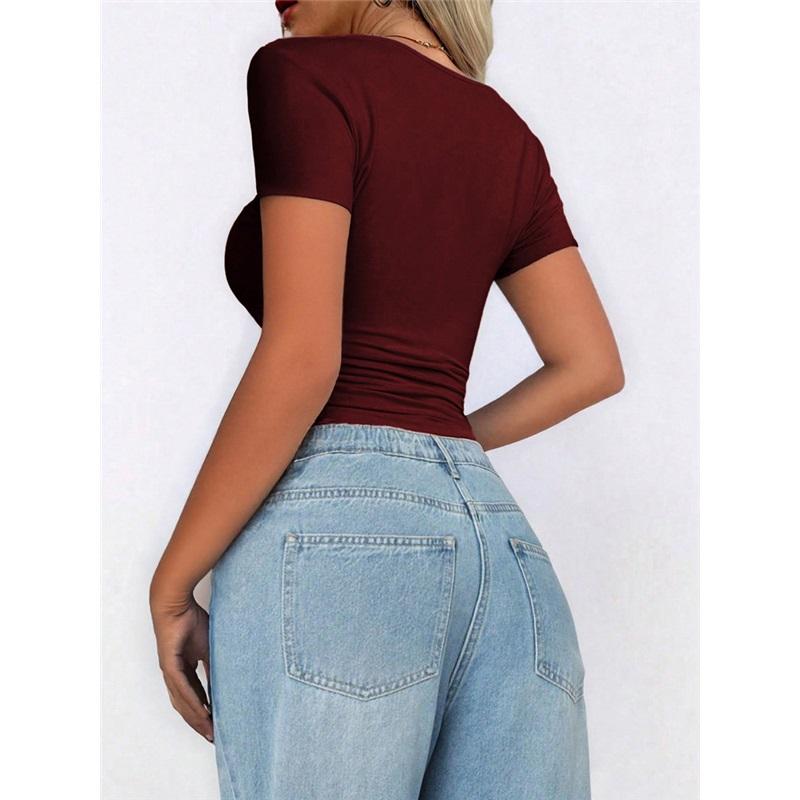 Women's Short Sleeve Square Neck Slim Fit Navel T-Shirt