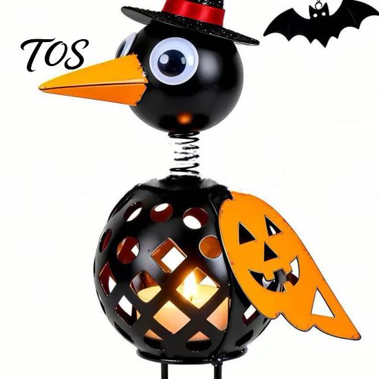 Creative Halloween Gift Wrought Iron Crow And Pumpkin Ornament, Metal Bird Candle Holiday Home Accents Holder Statue with LED for Table Decor