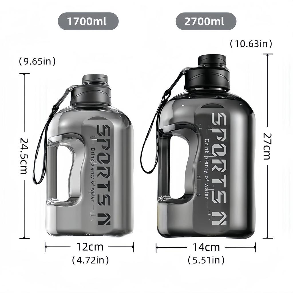 Large Capacity Sports Water Bottle 1.7/2.7L Plastic Drinking Bottle with Time Scale for Outdoor Camping Hiking Gym Men's Kettle