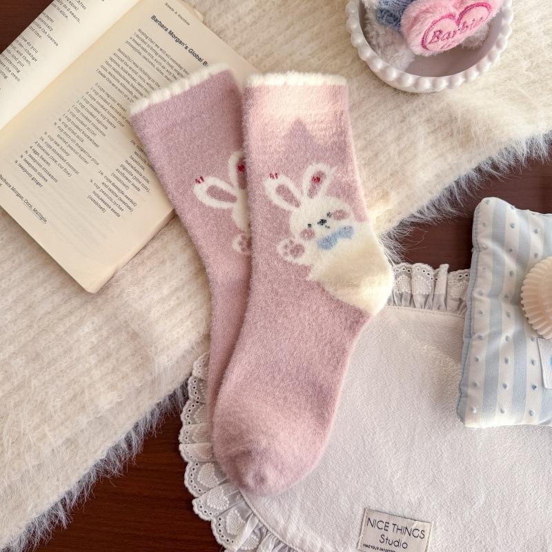 Rabbit Home Cute Girl'S Australian Velvet Socks Sweet Pink Mid-Leg Socks Indoor Versatile Warmth