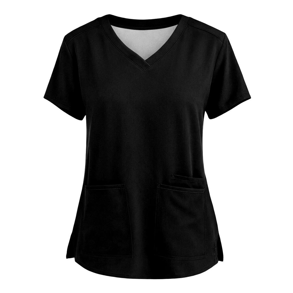Camicetta da Lavoro alla Moda da Donna a Maniche Corte con Scollo a V, Vestibilità Larga, con Spacco e Tasche