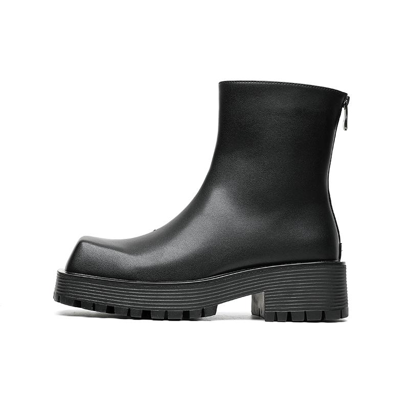 British Style Square Toe Chelsea Men's Thick Soled Business Formal Zipper High Top Leather Boots Winter Fluffy Men's Denim Boots