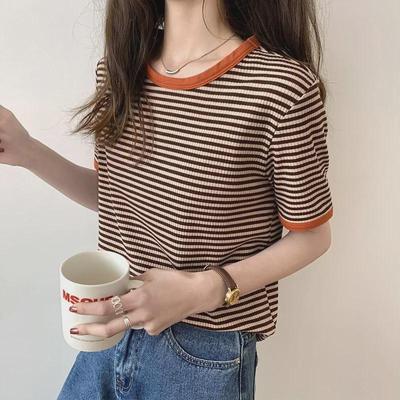 Damen Locker Geschnittenes Gestreiftes Kurzarm Rundhals Sommer T-Shirt