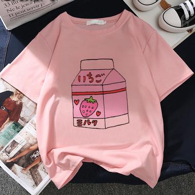 Japonês suco de morango impressão gráfica camiseta feminina nova moda verão camiseta harajuku estética rosa topo feminino t camisa