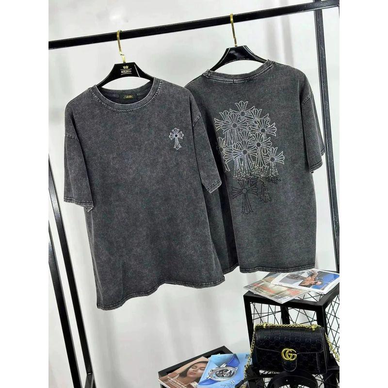 New Printed T-shirt Western Style New Distressed Washed Black Hot Drilling Loose Short Sleeve Cotton T-shirt Top