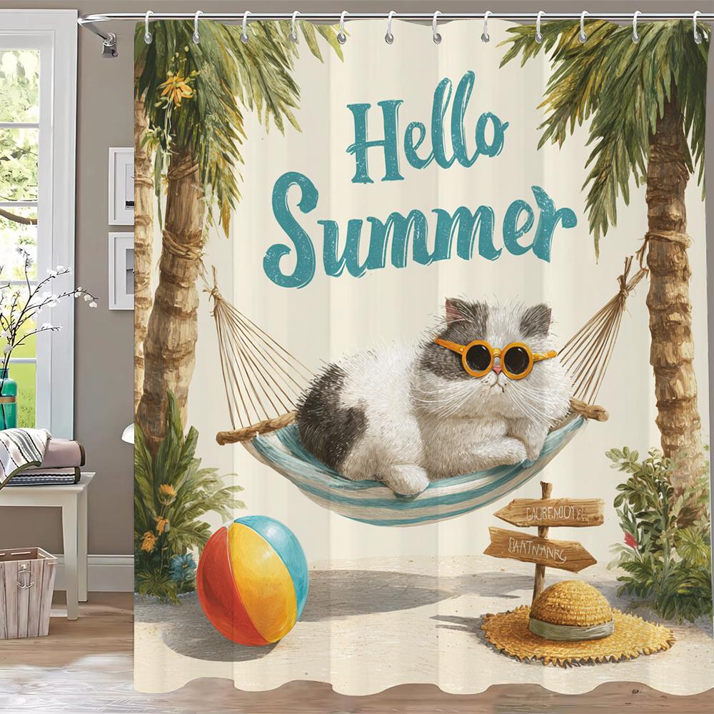 1pc Fun Cats and Dogs on the beach in Summer Shower Curtain, Bathroom Decorative Shower Curtain, Home Curtain with Hooks