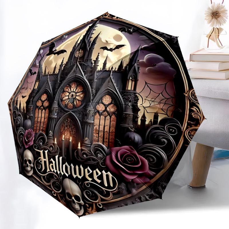 1pc Halloween Castle Moon Automatic Folding Umbrella, Sturdy And Durable Automatic Folding Umbrella with 8 Ribs, Convenient for Outdoor Use142